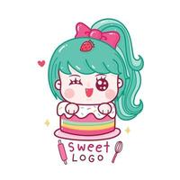 carina dolce ragazza in una torta. logo da forno con cartone animato kawaii. vettore