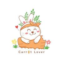 simpatico coniglio sorridente su un cartone animato di carota disegnato a mano con fiori. vettore