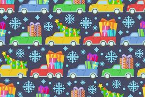 colorato macchine trasporto regalo scatole e Natale alberi. Natale traffico con i regali e regali consegna macchine. vettore