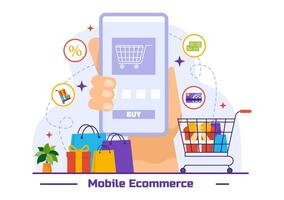 mobile e-commerce vettore illustrazione di inteligente Telefono per attività di in linea shopping e digitale marketing promozione con Borsa e regalo scatola design