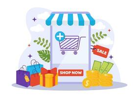 mobile e-commerce vettore illustrazione di inteligente Telefono per attività di in linea shopping e digitale marketing promozione con Borsa e regalo scatola design