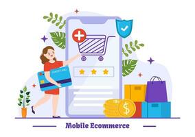 mobile e-commerce vettore illustrazione di inteligente Telefono per attività di in linea shopping e digitale marketing promozione con Borsa e regalo scatola design