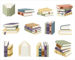 un' impostato di libri. libri siamo accatastati, libri di testo siamo impilati su superiore di ogni Altro. vettore illustrazione su un' bianca sfondo.