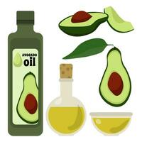 impostato di avocado olio e verde verdura metà, verdura nutriente olio nel vario ciotole vettore