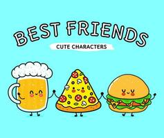 carino, divertente bicchiere di birra, pizza e hamburger. personaggi kawaii del fumetto disegnato a mano di vettore, icona dell'illustrazione. divertente cartone animato bicchiere di birra, pizza e hamburger mascotte amici concetto vettore