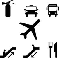 un set di icone vettoriali di estintori, taxi, autobus, aerei popolari