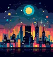 città a notte con Luna e stelle. vettore illustrazione nel piatto stile