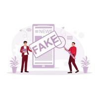 Due uomini analizzare falso notizia a partire dal smartphone. falso notizia concetto. tendenza moderno vettore piatto illustrazione