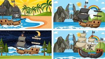 quattro diverse scene di spiaggia con nave pirata vettore