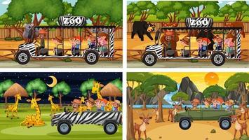 set di diverse scene di safari con animali e personaggi dei cartoni animati per bambini vettore