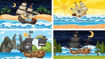 oceano con nave pirata in momenti diversi scene in stile cartone animato vettore