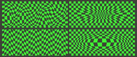 scacchiera modello. nero e verde psichedelico ondulato sfondi impostare. astratto griglia ordito struttura. y2k scacchiera delirio geometrico design. vettore illustrazione.