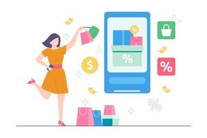 felice shopping online ottieni l'illustrazione dello sconto vettore