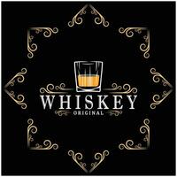 Vintage ▾ premio whisky logo etichetta con bicchiere o birra. per bevande, barre, club, caffè, aziende. vettore