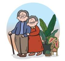coppia di anziani resta a casa con gli amanti in stile cartone animato vettore