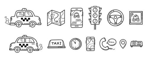 taxi set di icone in stile doodle disegnato a mano vettore