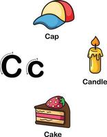 lettera dell'alfabeto c-cap, candela, illustrazione di torta vettore