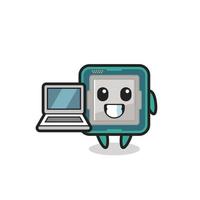illustrazione mascotte del processore con un laptop vettore