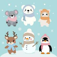 un' impostato di inverno animali indossare sciarpe e cappelli, Compreso un' bianca orso, pupazzo di neve, gatto, cervo, pinguino, e koala. vettore