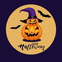 lavorato Halloween zucche con spaventoso facce indossare strega cappello e pipistrelli vettore
