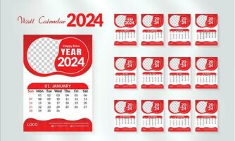 2024 contento nuovo anno calendario modello impostare. moderno e creativo disposizione parete calendario impostato di 12 mese modello. minimalista modello o calandra a4 disposizione design. settimana inizio su domenica. vettore