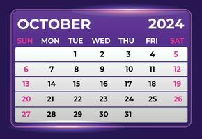 ottobre 2024 mensile moderno calendario design con brillante splendore nel viola ombra vettore