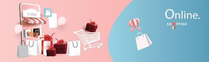 shopping online sul telefono carta arte moderna scatola regalo sfondo rosa vettore