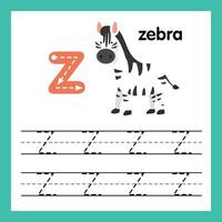 esercizio dell'alfabeto z con illustrazione del vocabolario dei cartoni animati, vettore