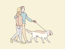 contento giovane coppia a piedi loro cane semplice coreano stile illustrazione vettore