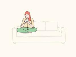 donna rilassante con smartphone su divano semplice coreano stile illustrazione vettore