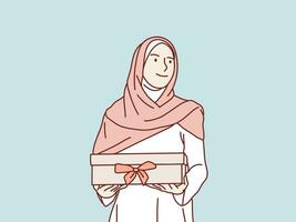 Uscito contento allegro musulmano hijab ragazza ottenere regalo scatola semplice coreano stile illustrazione vettore