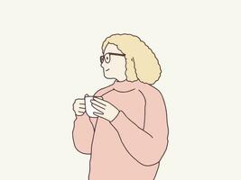 rilassare donna godendo un' tazza di tè semplice coreano stile illustrazione vettore