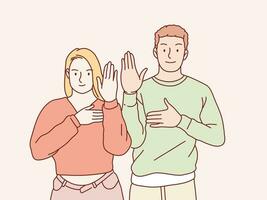 coppia grave fermare gesto rifiuto no con attraversato X mani su cuore semplice coreano stile illustrazione vettore