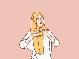 donna musulmano hijab sensazione contento e romantico forma cuore amore gesto semplice coreano stile illustrazione vettore