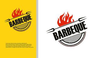 barbecue affumicatoio bbq barbeque bar e griglia logo design con forchetta e fuoco vettore