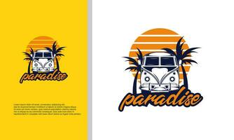 tropicale Paradiso emblema con palma alberi e tramonto, vettore logo modello, isolato su bianca sfondo, copia spazio.