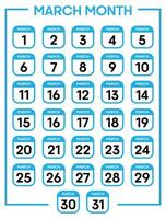 marzo 01 per 31 giorni calendario foglia vettore illustrazione modello