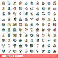 100 yoga icone impostare, colore linea stile vettore