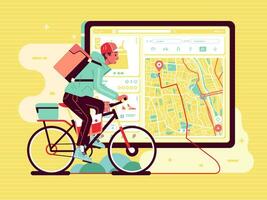 consegna servizio uomo, consegnare il pacchetto utilizzando bicicletta, con carta geografica guida su il App vettore illustrazione