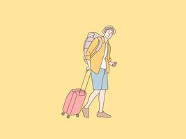 contento vacanza giovane uomo trasportare valigia essere pronto per partire vacanze semplice coreano stile illustrazione vettore