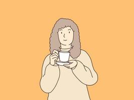 rilassare Riccio donna godendo un' tazza di tè semplice coreano stile illustrazione vettore