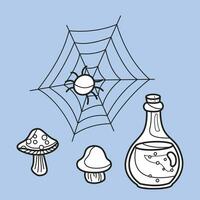 carino Halloween ragno ragnatela e funghi e Magia bottiglia cartone animato digitale francobollo schema vettore