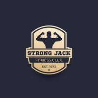 logo del fitness club, emblema vettoriale con uomo forte