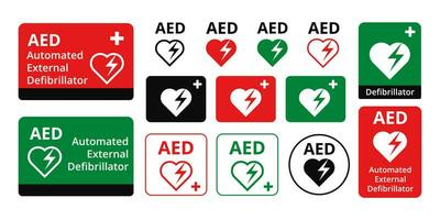 etichette per designazione di medico defibrillatore. adesivi dispositivo con cuore e fulmine per emergenza vettore rianimazione.