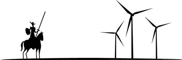 moderno don chisciotte combattimento chasing immaginario mali mulini a vento vento turbina silhouette maglietta Stampa vettore