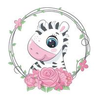 carino estate baby zebra con corona di fiori.illustrazione vettoriale dei cartoni animati.