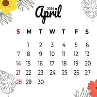 calendario aprile 2024 settimana inizio Domenica vettore
