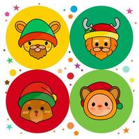 collezione di piatto cartone animato design per Natale, animale Santa Claus teste, carino personaggi stile, mano disegno e colorato, vettore illustrazione