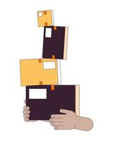 trasporto instabile impilati scatole lineare cartone animato personaggio mani illustrazione. Tenere instabile cartone pacchi schema 2d vettore Immagine, bianca sfondo. sfida modificabile piatto colore clipart