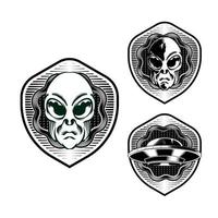 impostare l'illustrazione dell'emblema del distintivo alieno head vettore